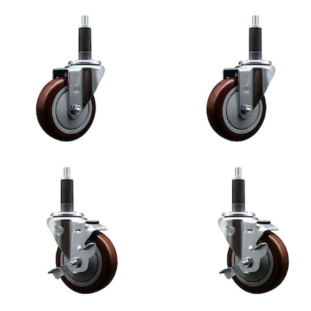 Service Caster 4'' Maroon Poly Wheel Swivel 1'' Expanding Stem Caster Set 2 Brakes, 4PK SCC-EX20S414-PPUB-MRN-2-TLB-2-1